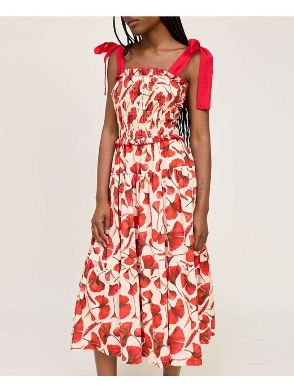 En Saison Women's Josie Smocked Midi Dress Tiered Skirt w/ Pockets Size SM